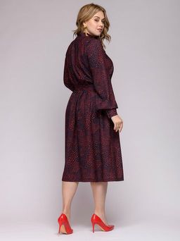 Платье темно-синее с мелким принтом длины миди с бантом и высокими манжетами