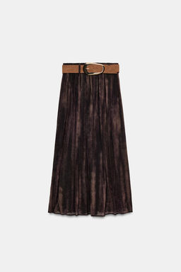 BLURRED PRINT MIDI SKIRT WITH BELT