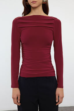 Bordo Kay?k Yaka Drapeli Vucuda Oturan Esnek Orme Bluz TWOAW25BZ00109