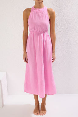 Plaj Giyim Pembe Dokuma S?rt Dekolteli Maxi Elbise TBESS25EL00070