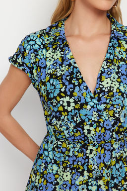 Lacivert Cicek Desenli A Kesim Kruvaze Yaka Viskon Midi Dokuma Elbise TWOSS24EL00607 - Trendyolmilla фото 5