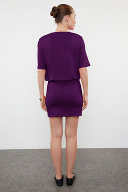 Mor Duz Yumusak Kumasl? Fitted/Vucuda Oturan K?sa Kollu Esnek Orme Elbise TWOSS24EL00756