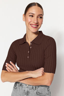 Kahverengi Basic Polo Yaka T-Shirt Gorunumlu Triko Ince Bluz TWOSS20BZ0112