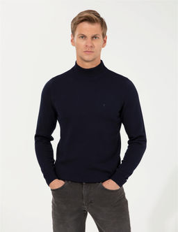 Lacivert Slim Fit Yar_m Bal_k__ Yaka Basic Triko Kazak