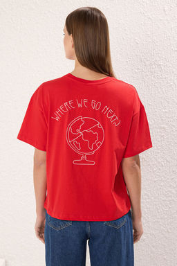 TRENDYOLMILLA K?rm?z? %100 Pamuk S?rt Nak?sl? Relaxed/Genis Rahat Kesim Bisiklet Yaka Orme T-Shirt TWOSS20TS0121  фото 4