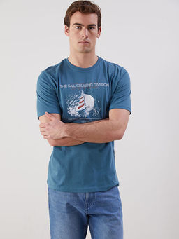 Bisiklet Yaka K?sa Kollu Bask?l? Penye Erkek Ti??rt