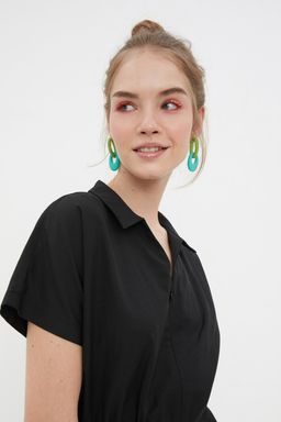 Siyah Beli Lastikli Genis Paca Mini Dokuma Tulum TWOSS22TU0014