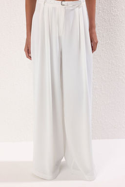 TRENDYOLMILLA Siyah Kemerli Pilili Wide Leg/Extra Genis Paca Dokuma Pantolon TWOAW25PL00032 фото 3