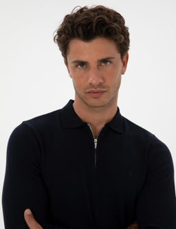 Lacivert Slim Fit Polo Yaka Fermuarl_ Basic Triko Kazak - Pierre cardin фото 2