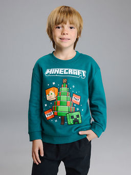Bisiklet Yaka Minecraft Bask?l? Erkek ?ocuk Sweatshirt