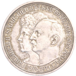 Монета 3 марки 1914 года Германия (Ангальт) 25 лет свадьбе Фридриха II и Марии Баденской