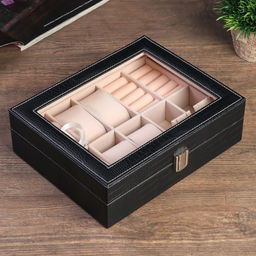 Шкатулка кожзам под часы 6 отделений и бижутерию Чёрная с белой строчкой 7,7х25,5х20 см