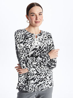 Ba?lamal? Yaka Desenli Uzun Kollu Kad?n Bluz