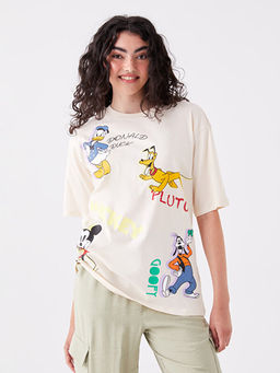 Bisiklet Yaka Mickey ve Arkada?lar? Bask?l? K?sa Kollu Oversize Kad?n Ti??rt