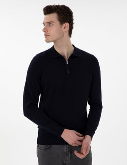 Lacivert Slim Fit Fermuarl_ Polo Yaka Basic Triko Kazak