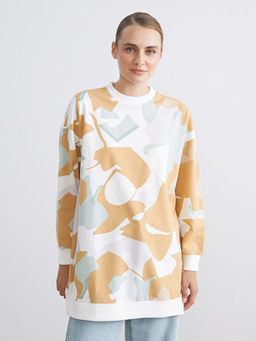 B?y?k Beden Bisiklet Yaka Desenli Kad?n Sweatshirt Tunik