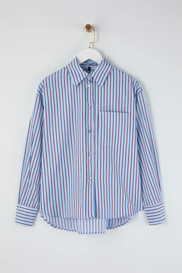 Mavi-Bordo Cizgili Oversize Gomlek