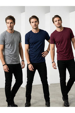 Bordo-Gri-Lacivert 3l_ Paket Slim/Dar Kesim Basic %100 Pamuk Tok Kuma_ T-shirt TMNSS19BO0007