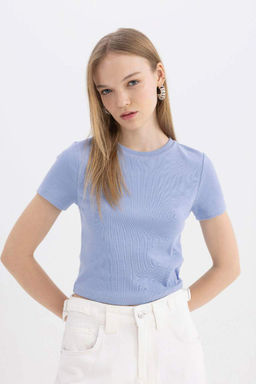 Базовая футболка классного кроя в рубчик с короткими рукавами - Defacto фото 4