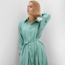 Платье женское миди MINAKU: Casual collection, зелёное, размер 44, с длинным рукавом