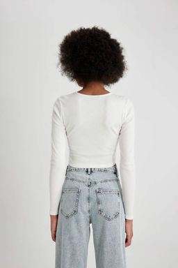 Приталенная футболка с длинными рукавами и круглым вырезом в рубчик - Defacto фото 6