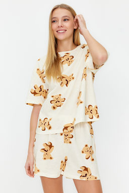 Ekru %100 Pamuklu Ay?c?kl? Sortlu Orme Pijama Tak?m? THMSS24PT00000