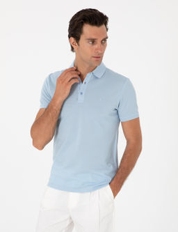 Buz Mavisi Slim Fit Polo Yaka Pamuklu Basic T-shirt