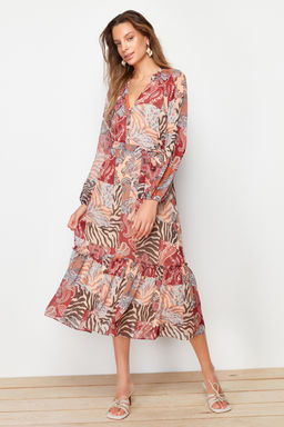 TRENDYOLMILLA Cok Renkli Kusakl? Etnik Desenli Etegi Volanl? Astarl? Midi Dokuma Elbise TWOAW24EL00356  фото 12