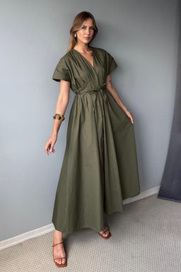 Haki Belden Baglama Detayl? Midi Poplin Dokuma Elbise TWOSS25EL00925