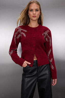 Bordo Yumusak Dokulu Tas Islemeli Triko H?rka TWOAW26HI00063