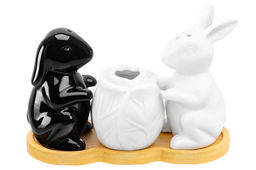 Набор д/специй 3 пр. 14*6*9,5 см Кролики с капустой на дер. подставке+зубочистки,бел/черн - Elan gallery фото 4