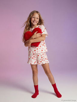 Kalp Bask?l? K?z ?ocuk ?ortlu Pijama Tak?m?