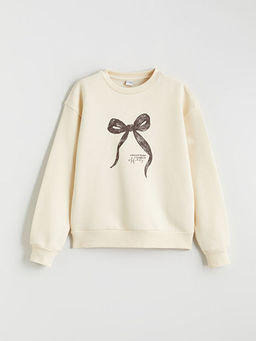 Fiyonk Bask?l? K?z ?ocuk Kal?n Sweatshirt