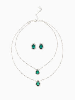 Набор 2 предмета: серьги, колье Жаклин дуэт, капля, цвет бело-изумрудный в серебре, 45 см