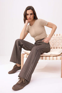 Kahverengi Cizgili Yuksek Bel %100 Pamuk Wide Leg Jeans TWOSS26JE00305