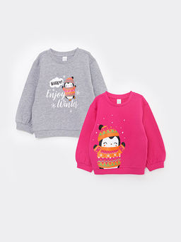 Bisiklet Yaka Uzun Kollu Bask?l? K?z Bebek Sweatshirt 2li