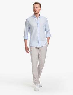 A__k Mavi %100 Pamuk Keten G_r_n_ml_ Slim Fit Uzun Kollu G_mlek