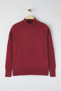 Bordo Genis Kal?p Yumusak Dokulu Dik Yaka Triko Kazak TWOAW23KZ00469