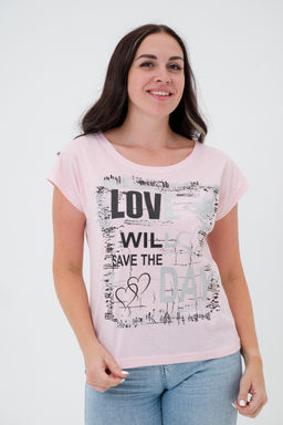 Футболка женская со спущенным плечом из кулирки Лира бледно розовый с принтом Love - Амадэль фото 2