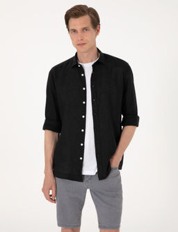 Siyah %100 Keten Regular Fit Uzunkollu G_mlek