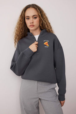 Antrasit Kal?n Ici Polarl? Fermuarl? Dik Yaka Pizza Bask?l? Orme Sweatshirt TWOAW26SW00182