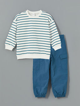 Bisiklet Yaka ?izgili Erkek ?ocuk Sweatshirt ve Pantolon 2li