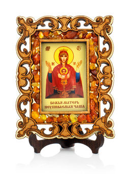 Неупиваемая чаша. Небольшая иконка в резной деревянной оправе с магнитом, украшенная янтарём
