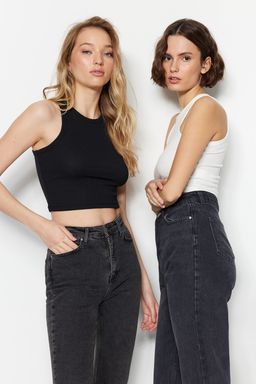 Siyah-Beyaz 2li Paket Fitted/Vucuda Oturan Crop Halter Yaka Fitilli Esnek Orme Atlet TWOSS21AL0058