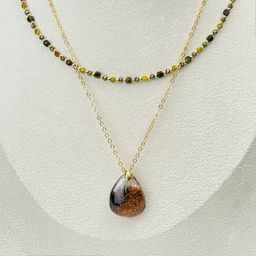 Колье двойное из Пирита, Обсидиана и Граната с кулоном из Лодолита 38/42 см +