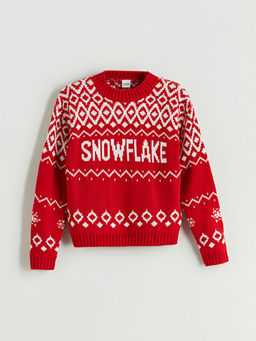 Bisiklet Yaka Desenli K?z ?ocuk Triko Kazak