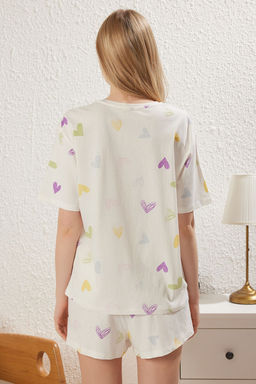 Beyaz %100 Pamuklu Kalpli Sloganl? Sortlu Orme Pijama Tak?m? THMSS25PT00168