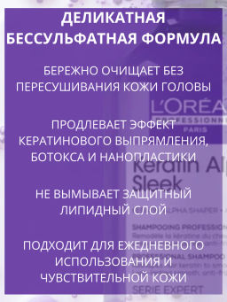 Бессульфатный шампунь рефил для непослушных, пористых волос Keratin Alpha Sleek, 1000 мл Loreal