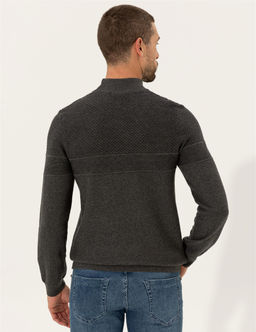 Gri Melanj Slim Fit Yar_m Bal_k__ Yaka Triko Kazak