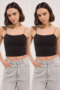 Siyah-Siyah 2li Paket Pamuklu Spagetti Ask?l? Crop Esnek Orme Atlet TWOSS21AL0196